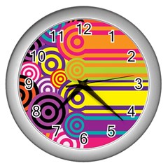 Retro Circles And Stripes Colorful 60s And 70s Style Circles And Stripes Background Wall Clocks (silver) 