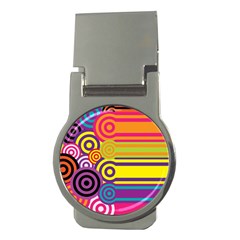 Retro Circles And Stripes Colorful 60s And 70s Style Circles And Stripes Background Money Clips (round)  by Simbadda