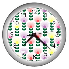 Floral Wallpaer Pattern Bright Bright Colorful Flowers Pattern Wallpaper Background Wall Clocks (silver)  by Simbadda