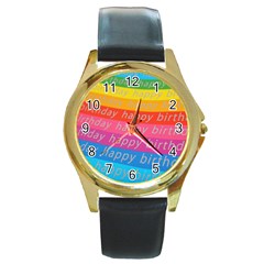 Colorful Happy Birthday Wallpaper Round Gold Metal Watch by Simbadda