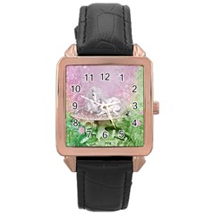 Wonderful Unicorn With Foal On A Mushroom Rose Gold Leather Watch  by FantasyWorld7
