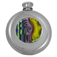 Fractal In Purple Gold And Green Round Hip Flask (5 Oz)