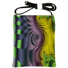 Fractal In Purple Gold And Green Shoulder Sling Bags by Simbadda