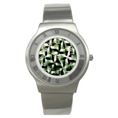 Green Black And White Abstract Background Of Squares Stainless Steel Watch by Simbadda