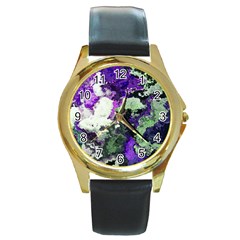 Background Abstract With Green And Purple Hues Round Gold Metal Watch by Simbadda