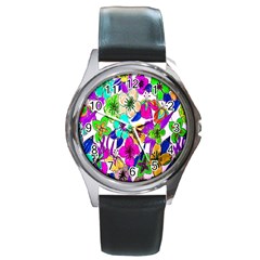 Floral Colorful Background Of Hand Drawn Flowers Round Metal Watch