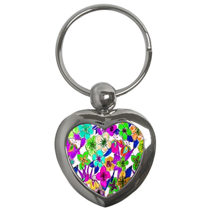 Floral Colorful Background Of Hand Drawn Flowers Key Chains (Heart) 