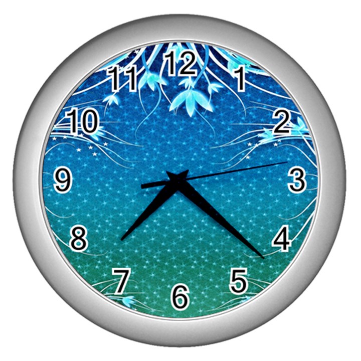 Floral 2d Illustration Background Wall Clocks (Silver) 