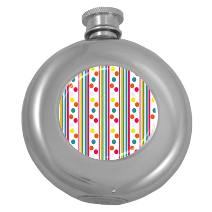 Stripes And Polka Dots Colorful Pattern Wallpaper Background Round Hip Flask (5 oz)