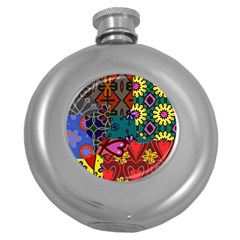 Digitally Created Abstract Patchwork Collage Pattern Round Hip Flask (5 Oz) by Nexatart