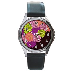 Floral Card Template Bright Colorful Dahlia Flowers Pattern Background Round Metal Watch by Nexatart