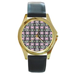 Colorful Pixelation Repeat Pattern Round Gold Metal Watch by Nexatart