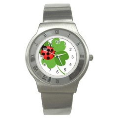 Insect Flower Floral Animals Green Red Stainless Steel Watch by Mariart