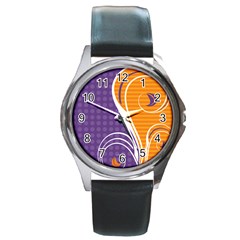 Leaf Polka Dot Purple Orange Round Metal Watch by Mariart