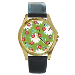 Insect Flower Floral Animals Star Green Red Sunflower Round Gold Metal Watch