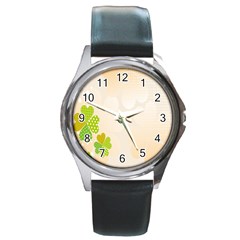 Leaf Polka Dot Green Flower Star Round Metal Watch