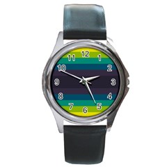 Neon Stripes Line Horizon Color Rainbow Yellow Blue Purple Black Round Metal Watch