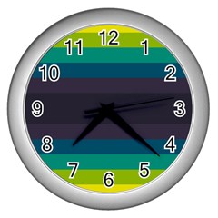 Neon Stripes Line Horizon Color Rainbow Yellow Blue Purple Black Wall Clocks (Silver) 