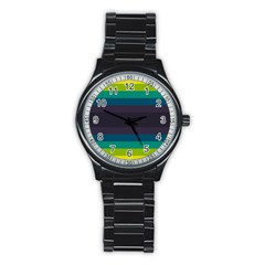 Neon Stripes Line Horizon Color Rainbow Yellow Blue Purple Black Stainless Steel Round Watch