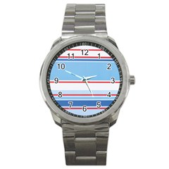 Navy Blue White Red Stripe Blue Finely Striped Line Sport Metal Watch by Mariart