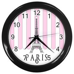 Pink Paris Eiffel Tower Stripes France Wall Clocks (black)