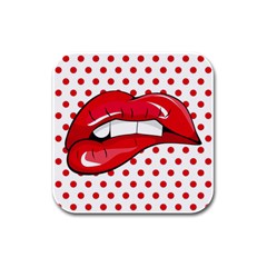 Sexy Lips Red Polka Dot Rubber Square Coaster (4 pack) 