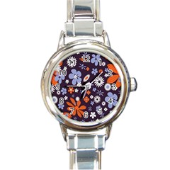 Bright Colorful Busy Large Retro Floral Flowers Pattern Wallpaper Background Round Italian Charm Watch