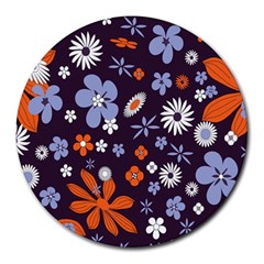 Bright Colorful Busy Large Retro Floral Flowers Pattern Wallpaper Background Round Mousepads