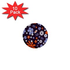 Bright Colorful Busy Large Retro Floral Flowers Pattern Wallpaper Background 1  Mini Buttons (10 Pack)  by Nexatart