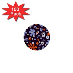 Bright Colorful Busy Large Retro Floral Flowers Pattern Wallpaper Background 1  Mini Buttons (100 pack) 
