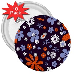 Bright Colorful Busy Large Retro Floral Flowers Pattern Wallpaper Background 3  Buttons (10 pack) 