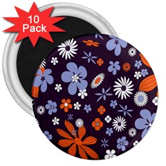 Bright Colorful Busy Large Retro Floral Flowers Pattern Wallpaper Background 3  Magnets (10 pack) 