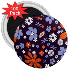 Bright Colorful Busy Large Retro Floral Flowers Pattern Wallpaper Background 3  Magnets (100 pack)