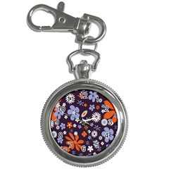 Bright Colorful Busy Large Retro Floral Flowers Pattern Wallpaper Background Key Chain Watches