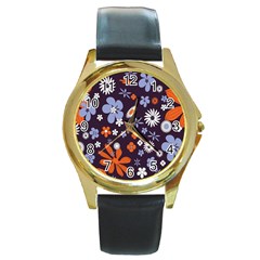 Bright Colorful Busy Large Retro Floral Flowers Pattern Wallpaper Background Round Gold Metal Watch