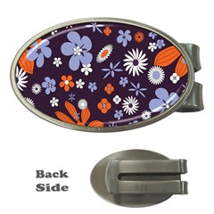 Bright Colorful Busy Large Retro Floral Flowers Pattern Wallpaper Background Money Clips (Oval) 