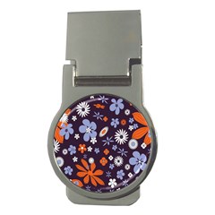 Bright Colorful Busy Large Retro Floral Flowers Pattern Wallpaper Background Money Clips (Round) 