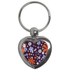 Bright Colorful Busy Large Retro Floral Flowers Pattern Wallpaper Background Key Chains (Heart) 