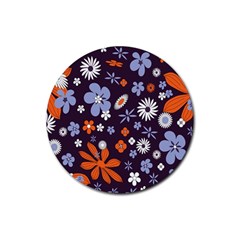 Bright Colorful Busy Large Retro Floral Flowers Pattern Wallpaper Background Rubber Coaster (Round) 