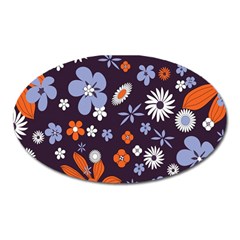 Bright Colorful Busy Large Retro Floral Flowers Pattern Wallpaper Background Oval Magnet