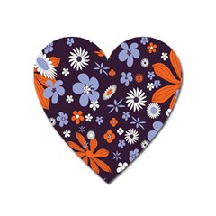 Bright Colorful Busy Large Retro Floral Flowers Pattern Wallpaper Background Heart Magnet