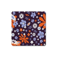 Bright Colorful Busy Large Retro Floral Flowers Pattern Wallpaper Background Square Magnet