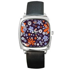 Bright Colorful Busy Large Retro Floral Flowers Pattern Wallpaper Background Square Metal Watch