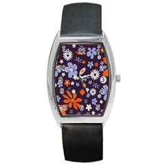 Bright Colorful Busy Large Retro Floral Flowers Pattern Wallpaper Background Barrel Style Metal Watch