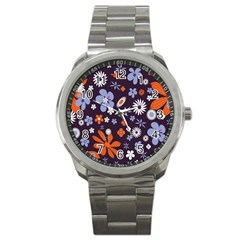 Bright Colorful Busy Large Retro Floral Flowers Pattern Wallpaper Background Sport Metal Watch
