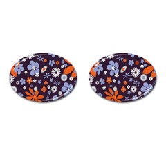 Bright Colorful Busy Large Retro Floral Flowers Pattern Wallpaper Background Cufflinks (Oval)