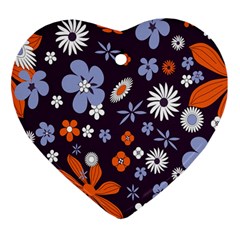 Bright Colorful Busy Large Retro Floral Flowers Pattern Wallpaper Background Heart Ornament (Two Sides)