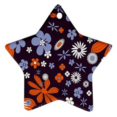 Bright Colorful Busy Large Retro Floral Flowers Pattern Wallpaper Background Star Ornament (Two Sides)