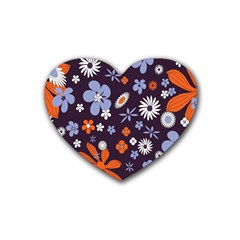 Bright Colorful Busy Large Retro Floral Flowers Pattern Wallpaper Background Rubber Coaster (Heart) 