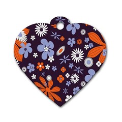 Bright Colorful Busy Large Retro Floral Flowers Pattern Wallpaper Background Dog Tag Heart (Two Sides)
